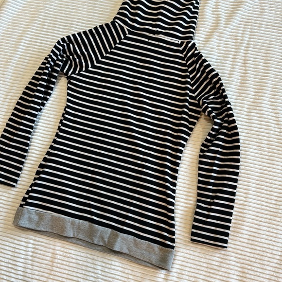 Ampersand Double Hoodie Black White Gray Stripe Baseball Style Tunic Sweatshirt - Picture 12 of 13